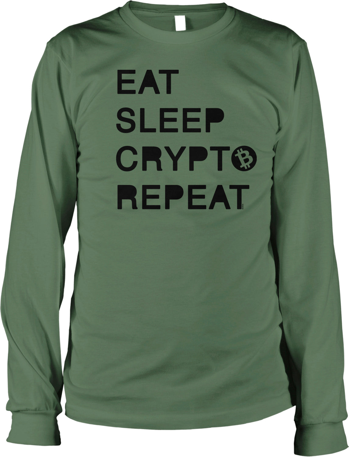 A green long-sleeved t-shirt with the text "EAT SLEEP CRYPTO REPEAT" printed on it.