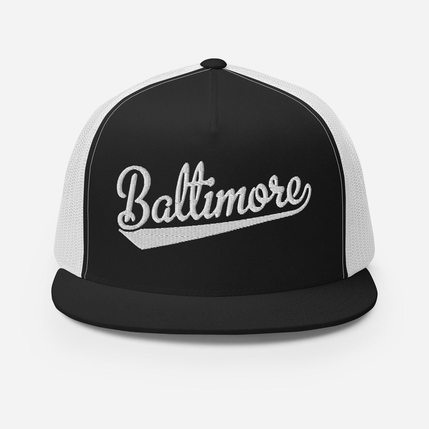 A black and white baseball cap with the word "Baltimore" embroidered on it.
