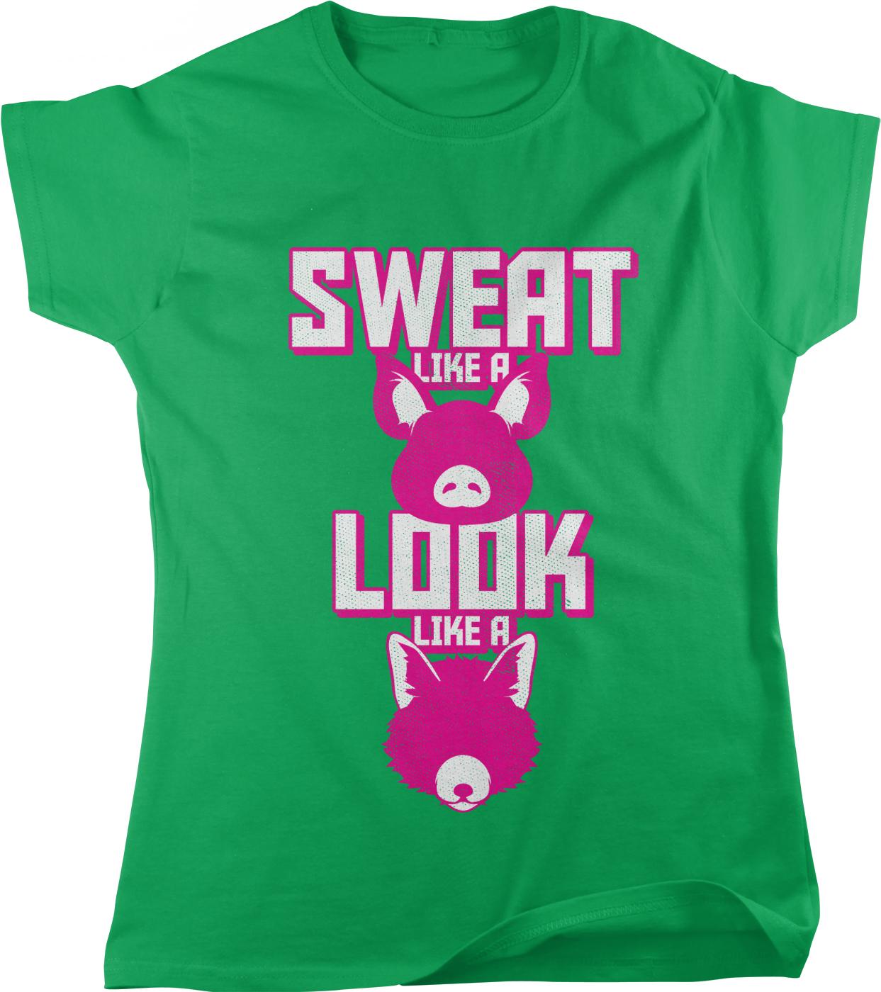 A green t-shirt with a graphic design featuring a pig and the text "SWAT LIKE A LOOK LIKE A" in pink and white.