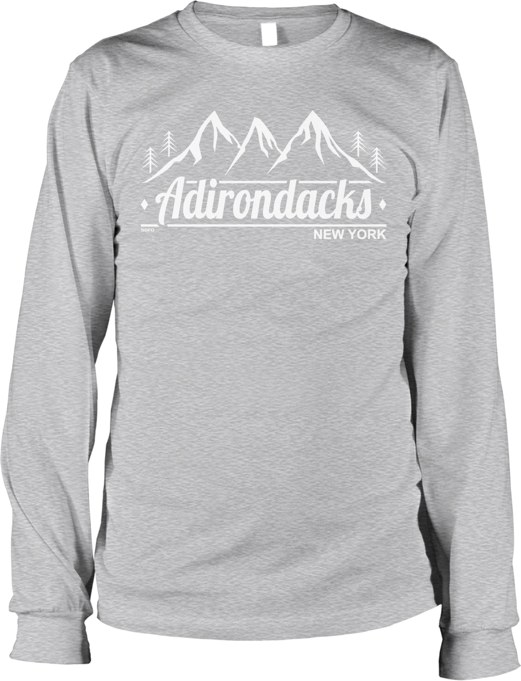 A gray long-sleeved t-shirt with a graphic design featuring mountains and the text "Adirondacks NEW YORK" printed on it.