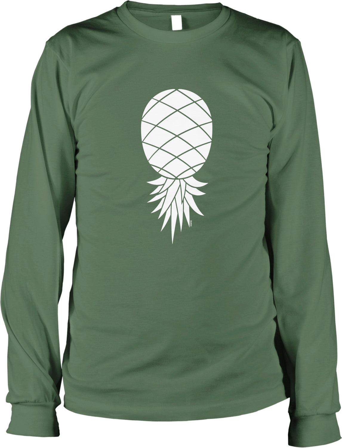 A green long-sleeved t-shirt with a white graphic of a pineapple on it.