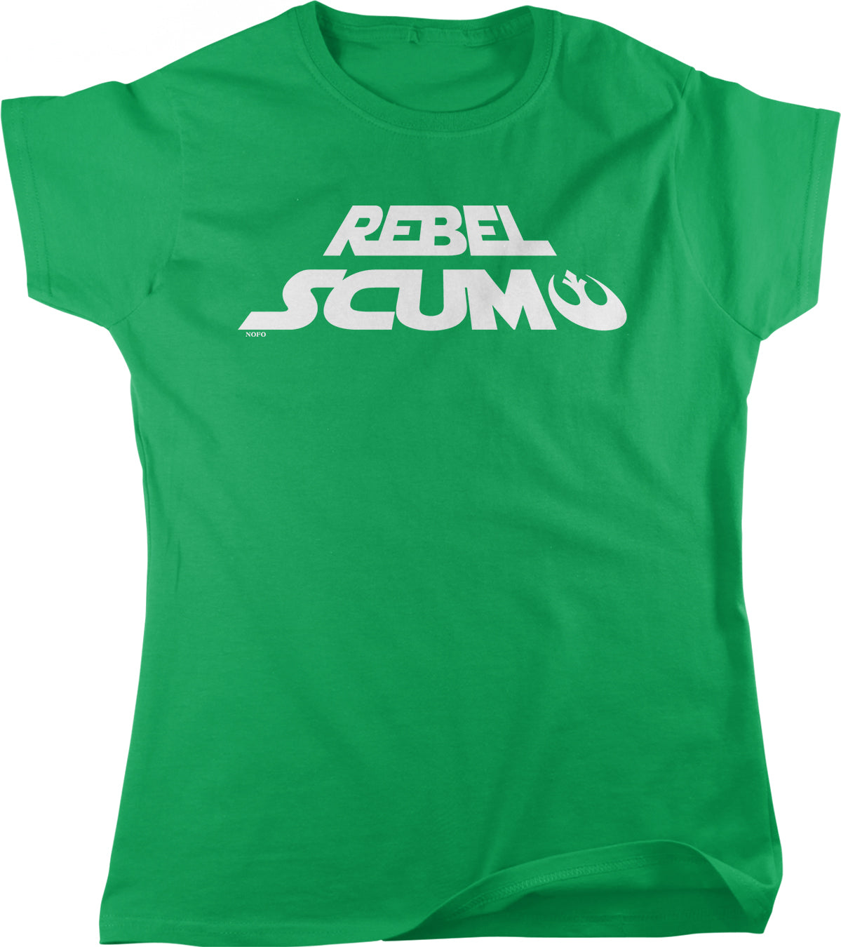 A bright green t-shirt with the text "REBEL SCUM" printed on it.