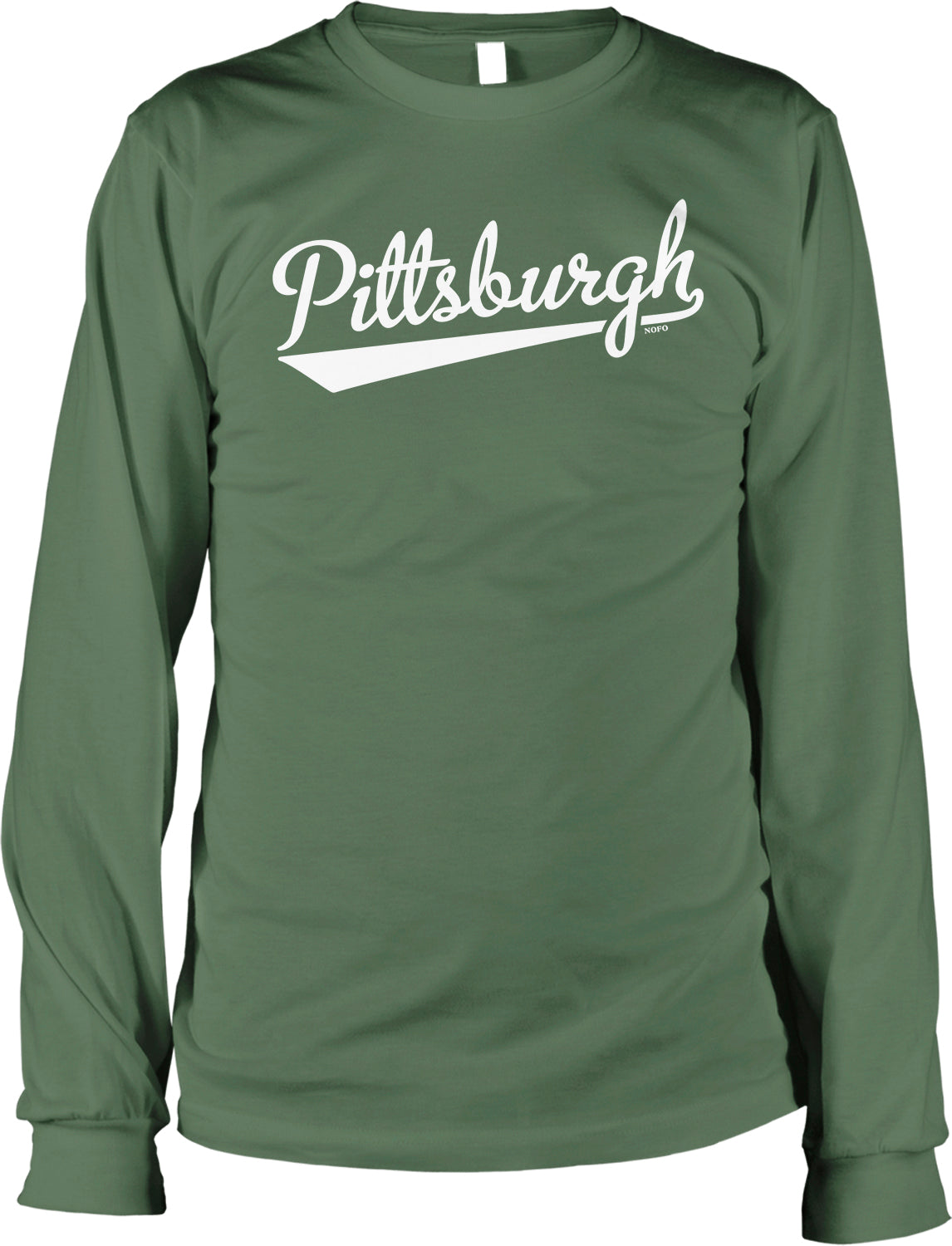 A green long-sleeved shirt with the word "Pittsburgh" printed in white text across the front.