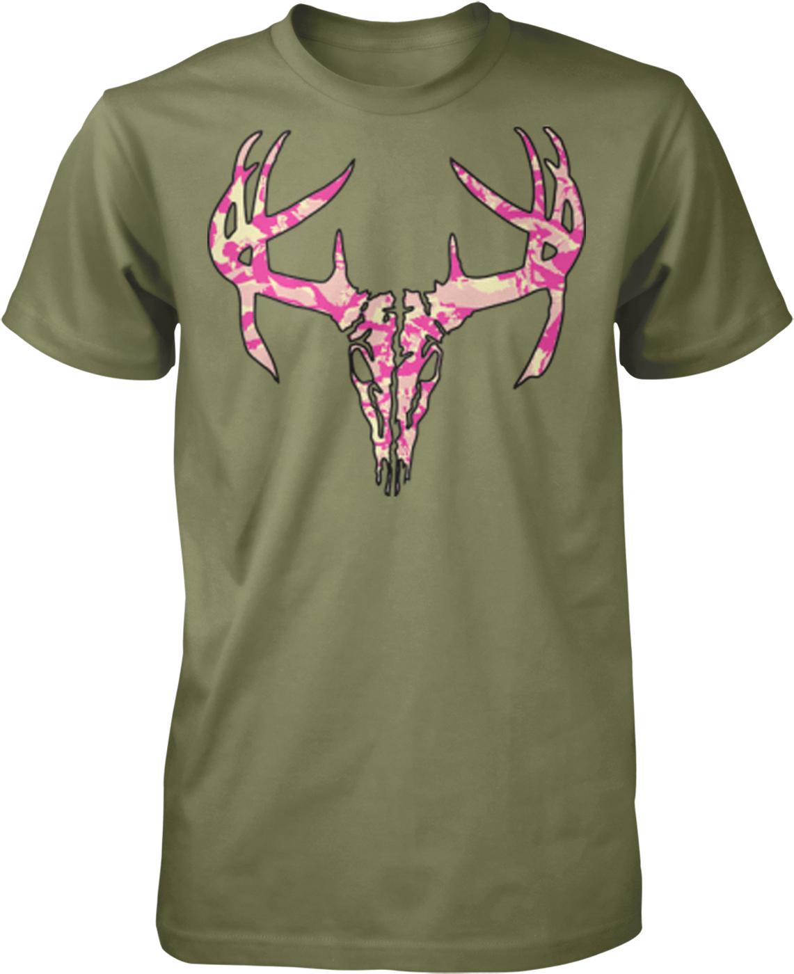 A green t-shirt with a graphic design of a deer skull and antlers in pink and white colors.