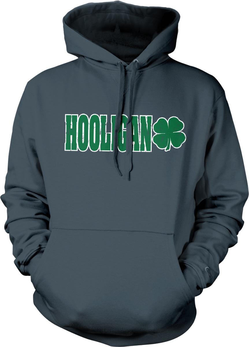 A grey hoodie with the word "HOOLigan" printed on it, along with a four-leaf clover symbol.