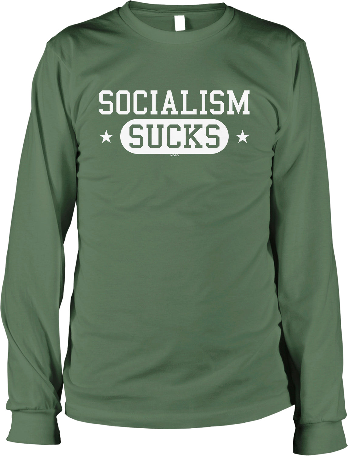 A green long-sleeved t-shirt with the text "SOCIALISM SUCKS" printed on it.