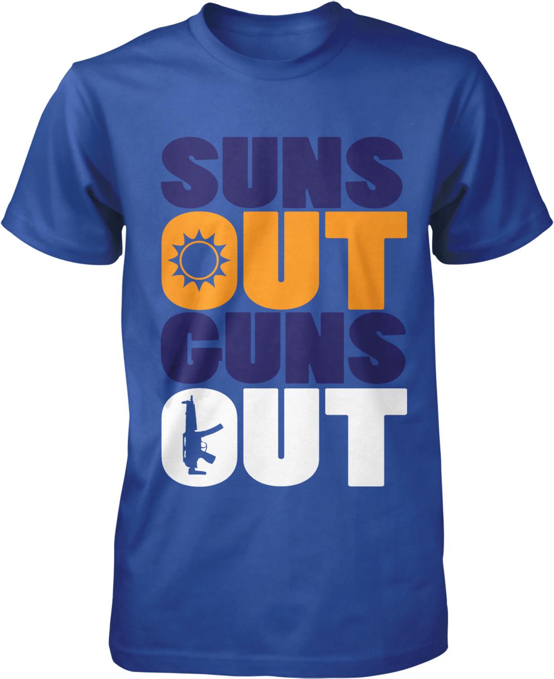 A blue t-shirt with the text "SUNS OUT GUNS OUT" printed on it.