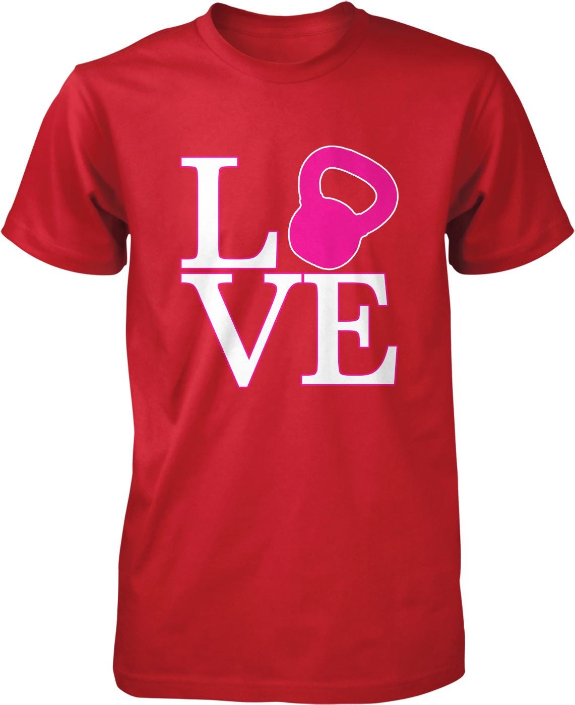 A red t-shirt with the word "LOVE" printed on it, along with a pink kettlebell graphic.