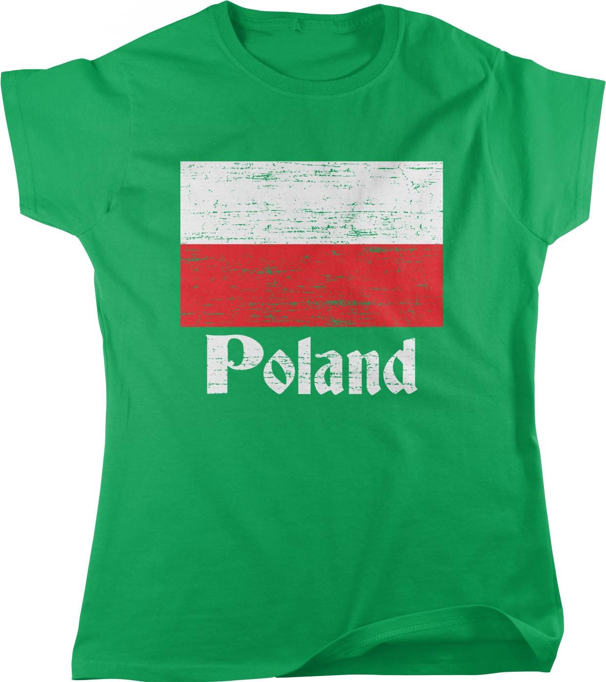 A green t-shirt with a graphic design featuring the flag of Poland and the word "Poland" printed on it.