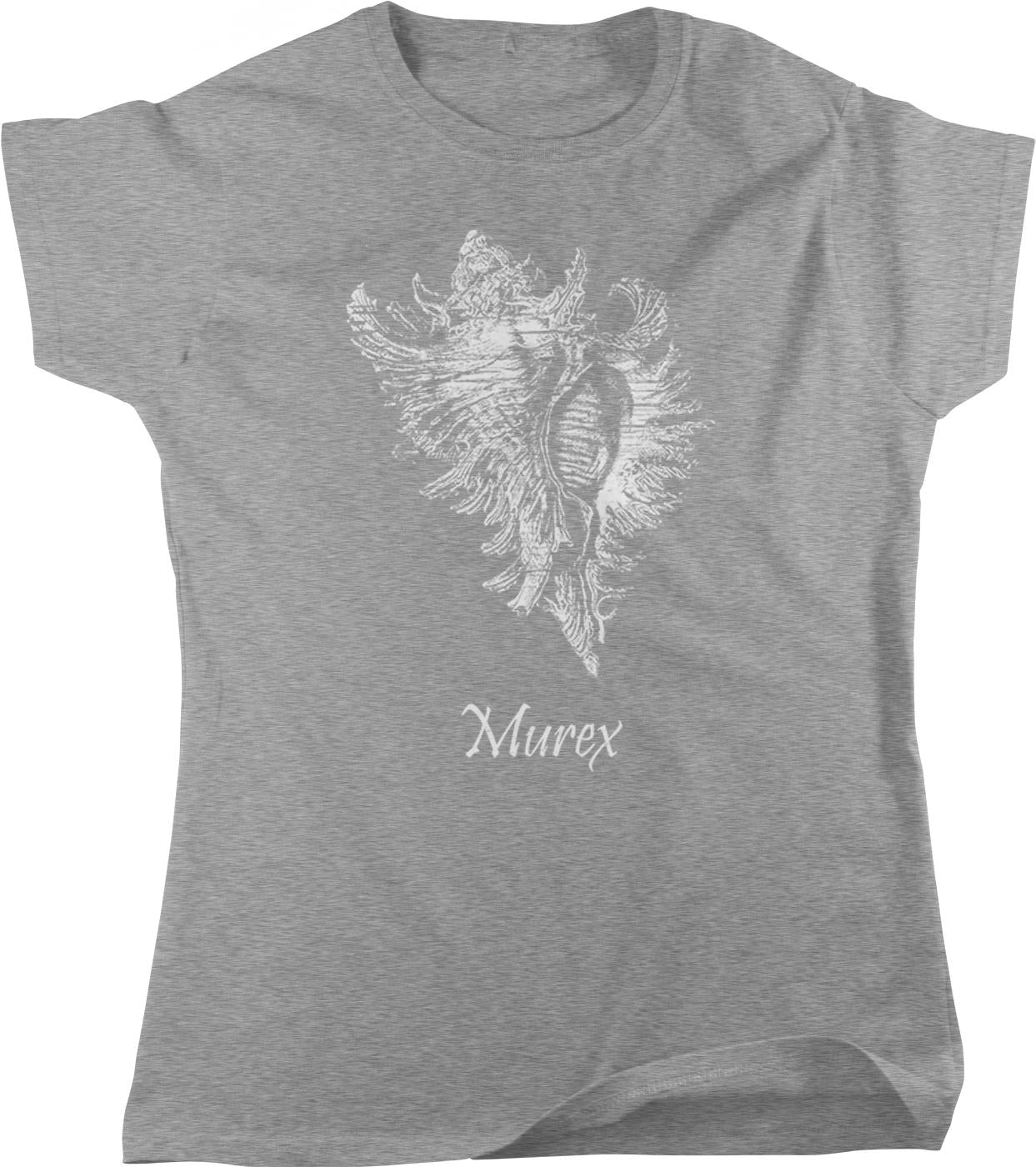 A gray t-shirt with a white graphic design depicting a stylized seashell or shell. The word "Murex" is printed below the design.