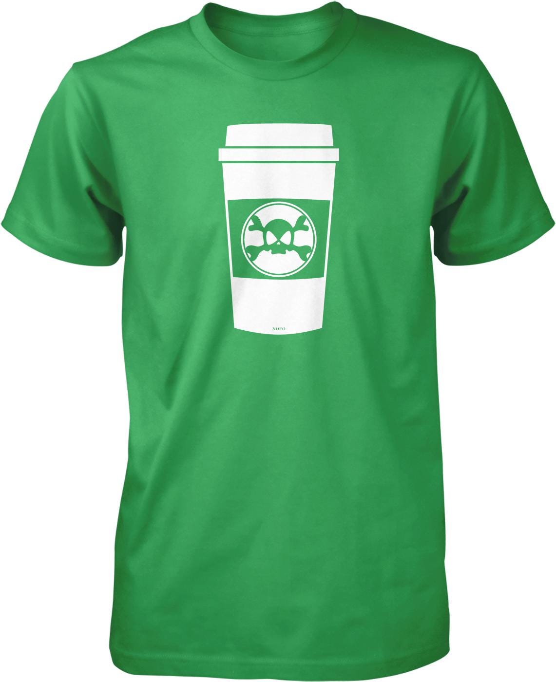 A green t-shirt with a white coffee cup graphic printed on it.