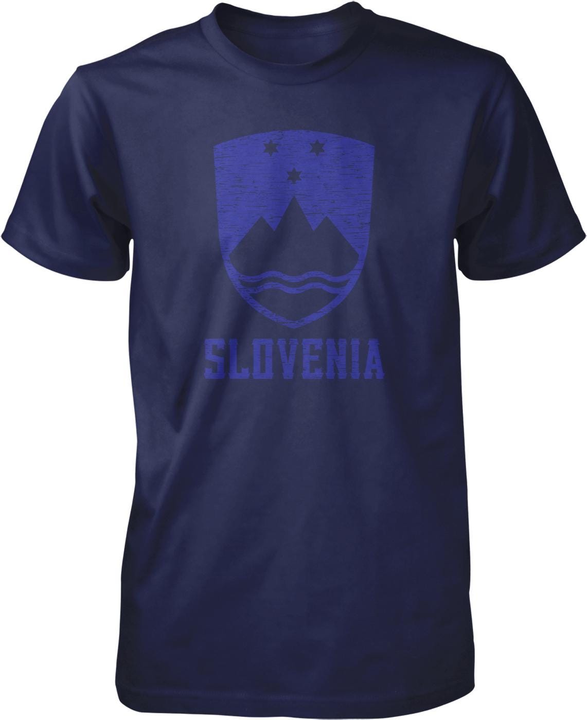 A navy blue t-shirt with a graphic design featuring a shield-shaped emblem with mountains and stars, along with the text "SLOVENIA" printed below it.