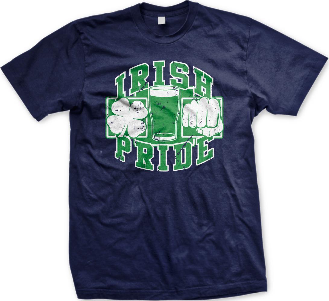 A navy blue t-shirt with a graphic design featuring a cloverleaf, a glass of beer, and the text "IRISH PRIDE" in green and white.