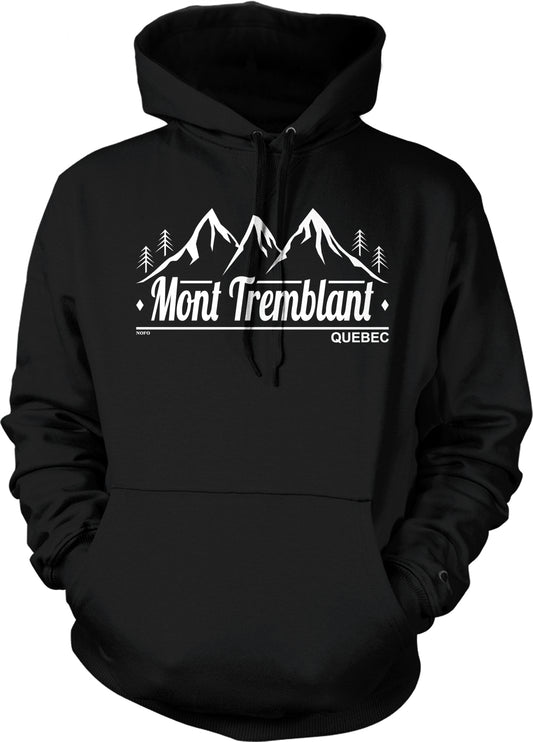 A black hoodie with a graphic design featuring mountains and the text "Mont Tremblant" and "Quebec" printed on it.