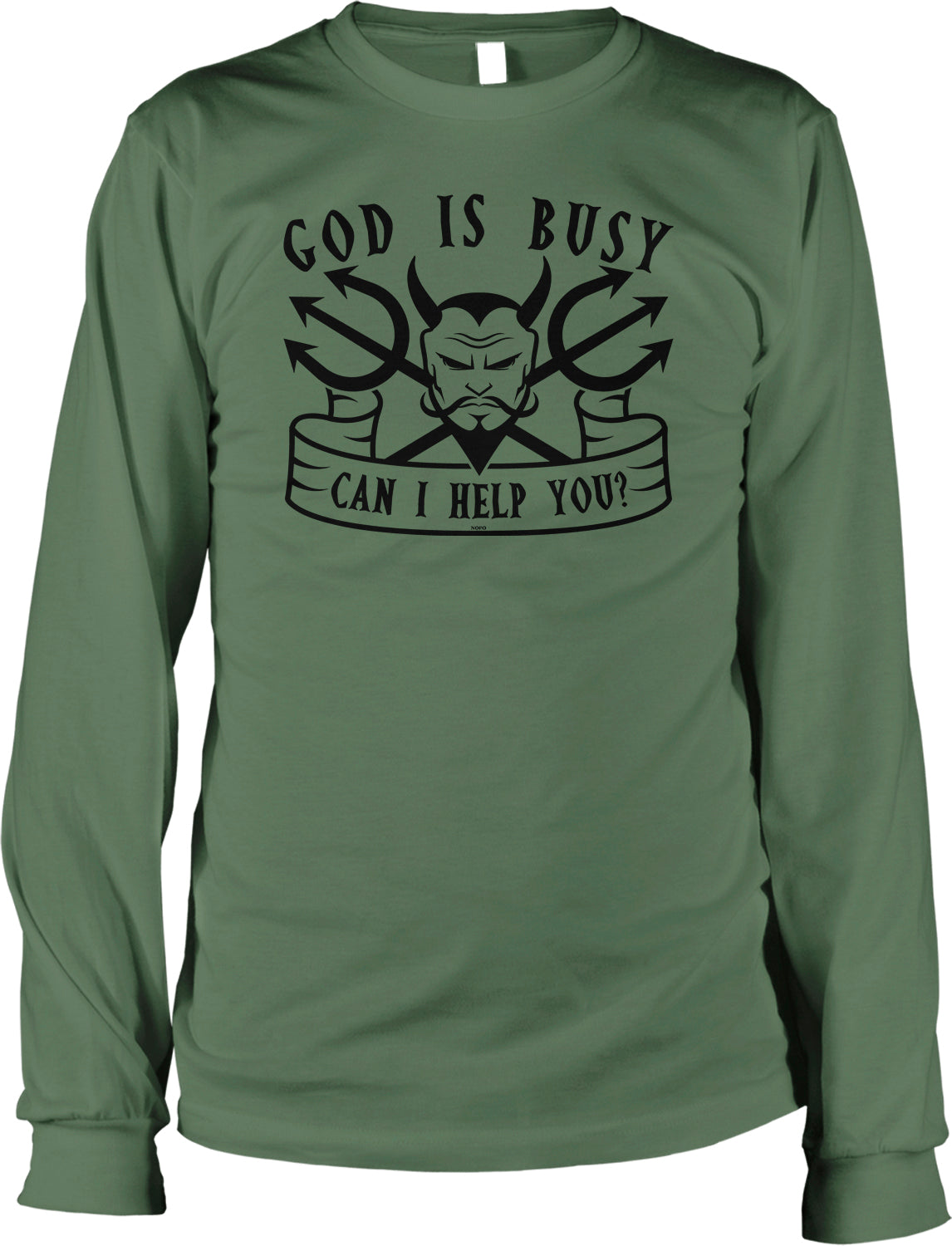A green long-sleeved t-shirt with a graphic design featuring a devil's face and the text "GOD IS BUSY CAN I HELP YOU?"