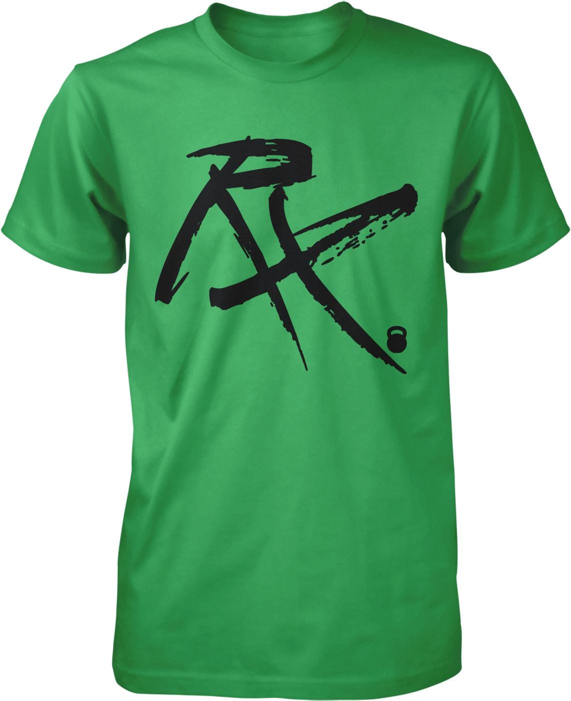 A green t-shirt with a black graphic design consisting of a stylized "R" and a kettlebell symbol.