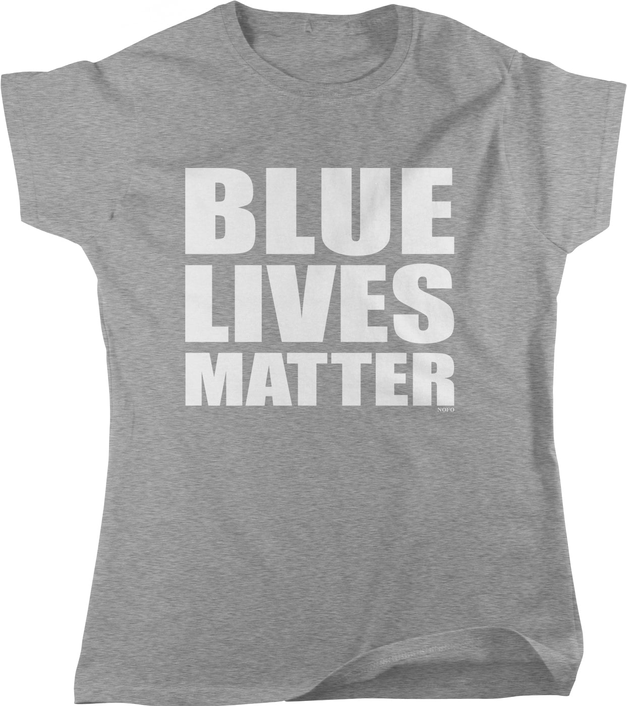 A gray t-shirt with the text "BLUE LIVES MATTER" printed on it in white letters.