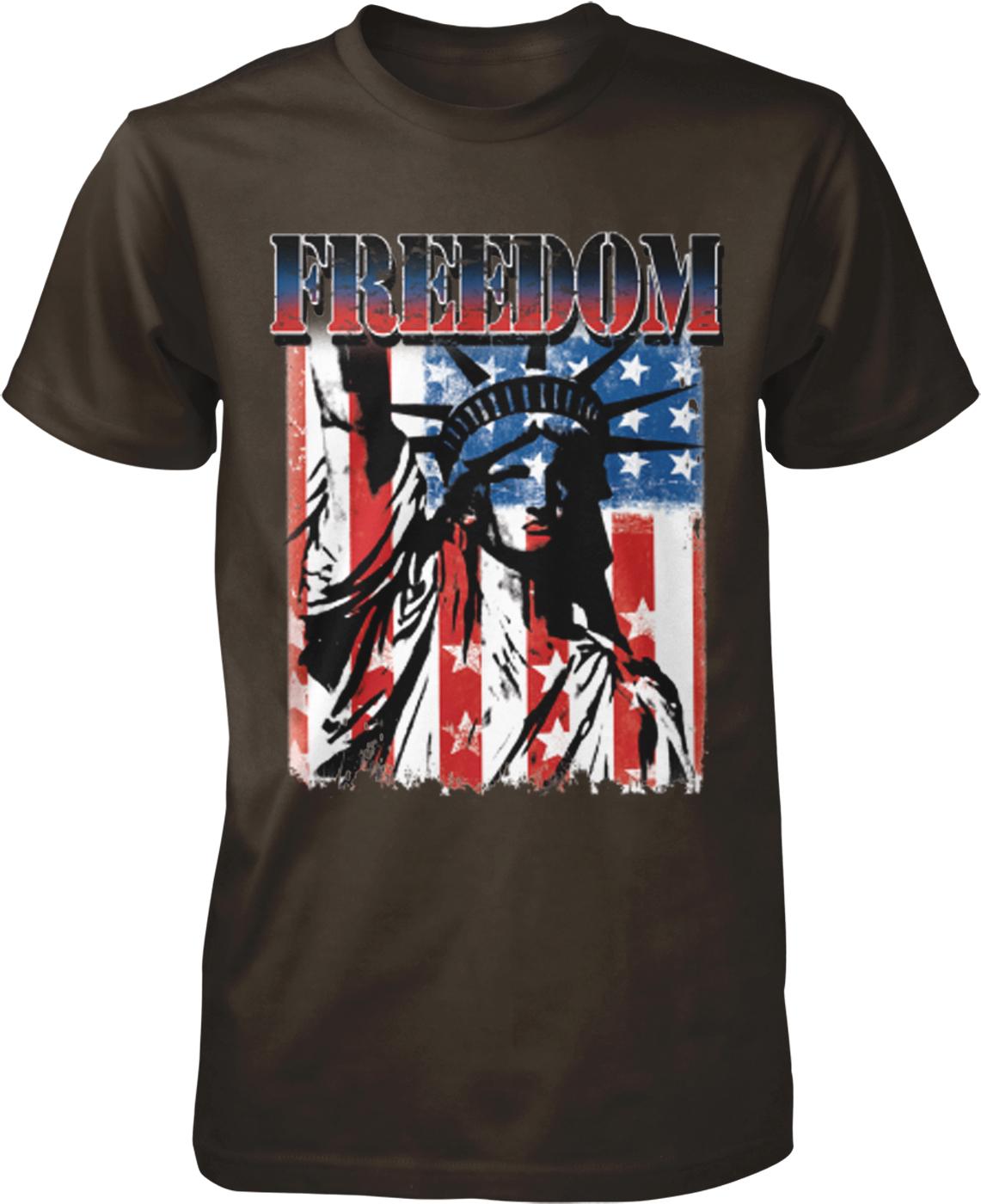 a t-shirt with a graphic design that includes the Statue of Liberty and an American flag.