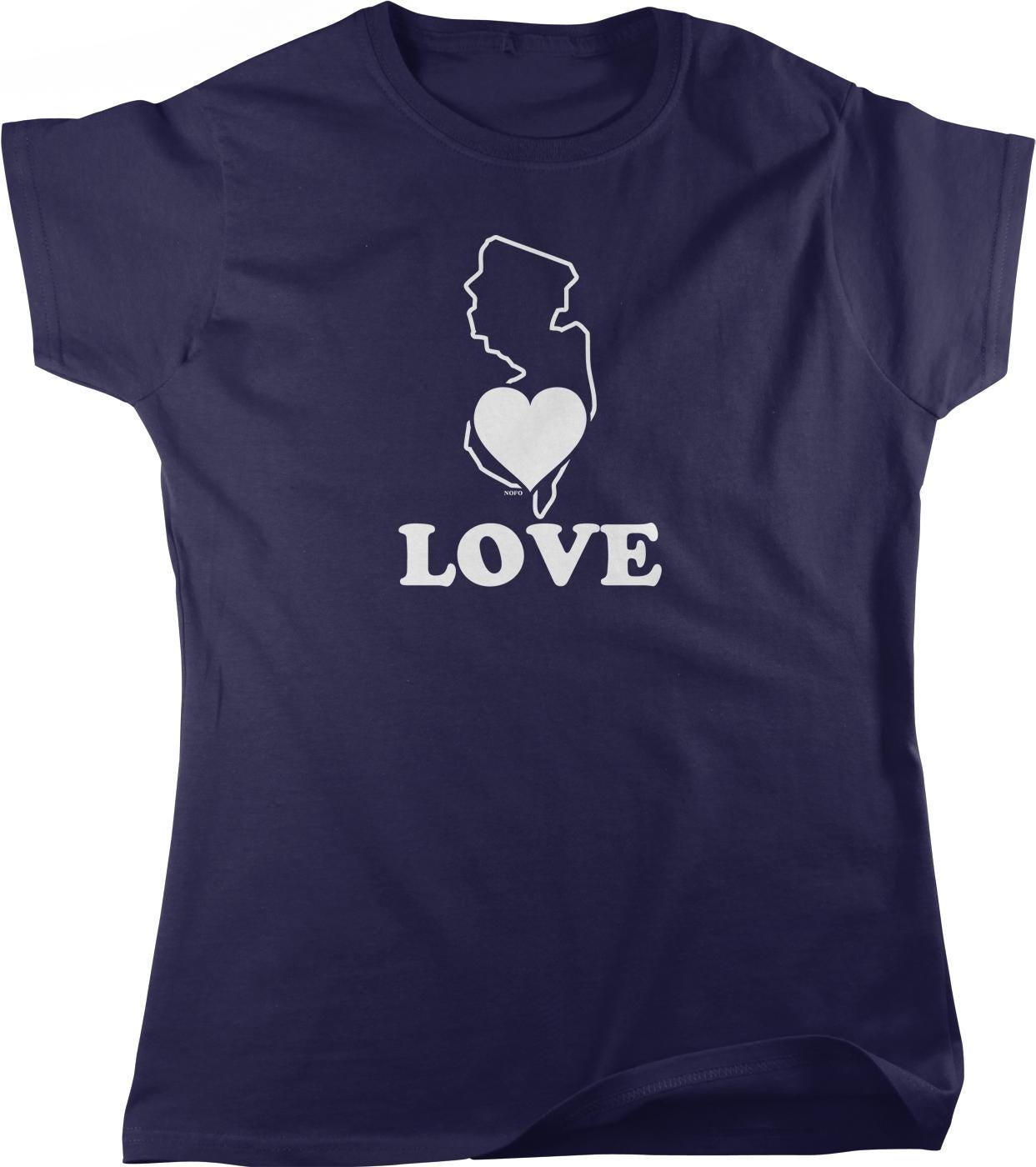 A navy blue t-shirt with a white graphic design that includes a heart shape and the word "LOVE" written below it.