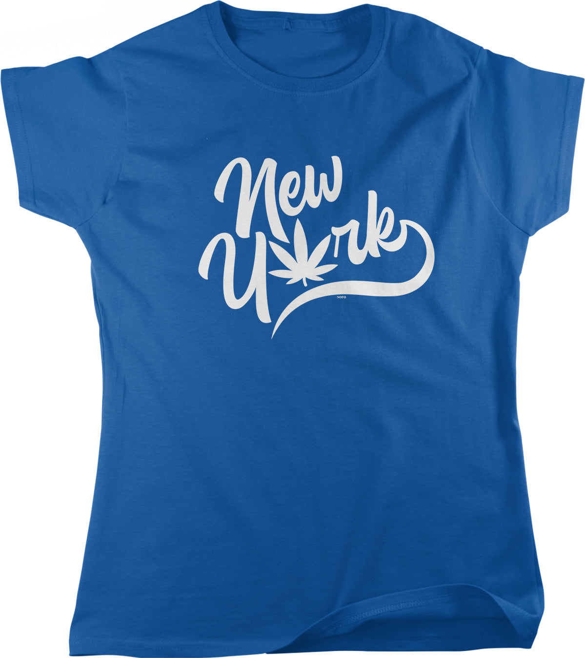 A blue t-shirt with the text "New York" printed in white.